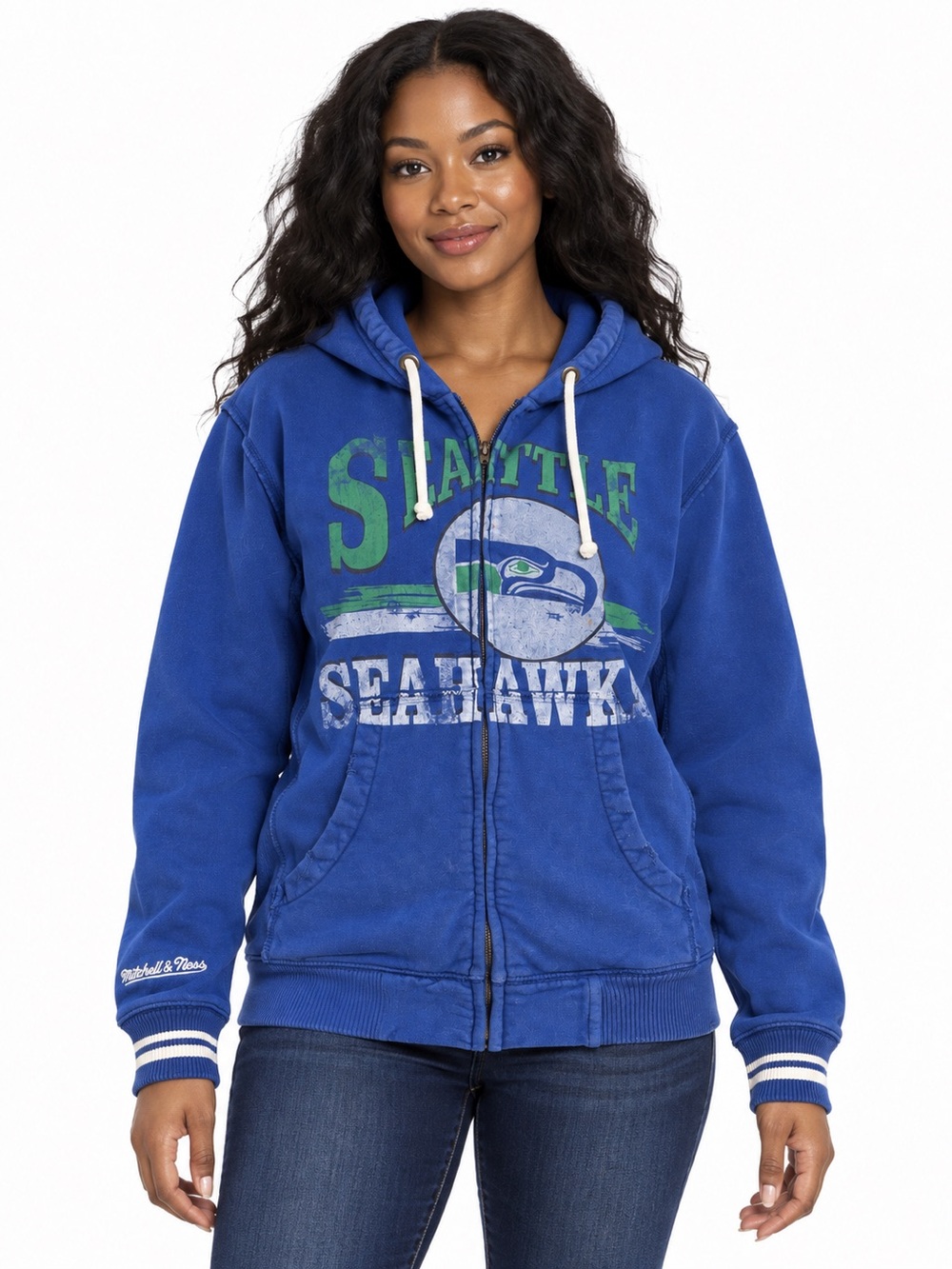 Mitchell & Ness Seattle Seahawks Distressed Full-Zip Hoodie Vintage - Blue